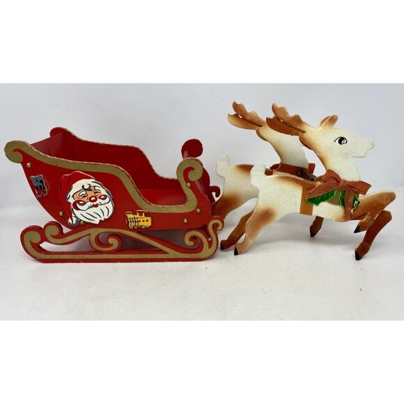 Vintage 1950s Red Wooden Santa Sleigh With Felted Reindeer Japan Folds Flat - Picture 2 of 15